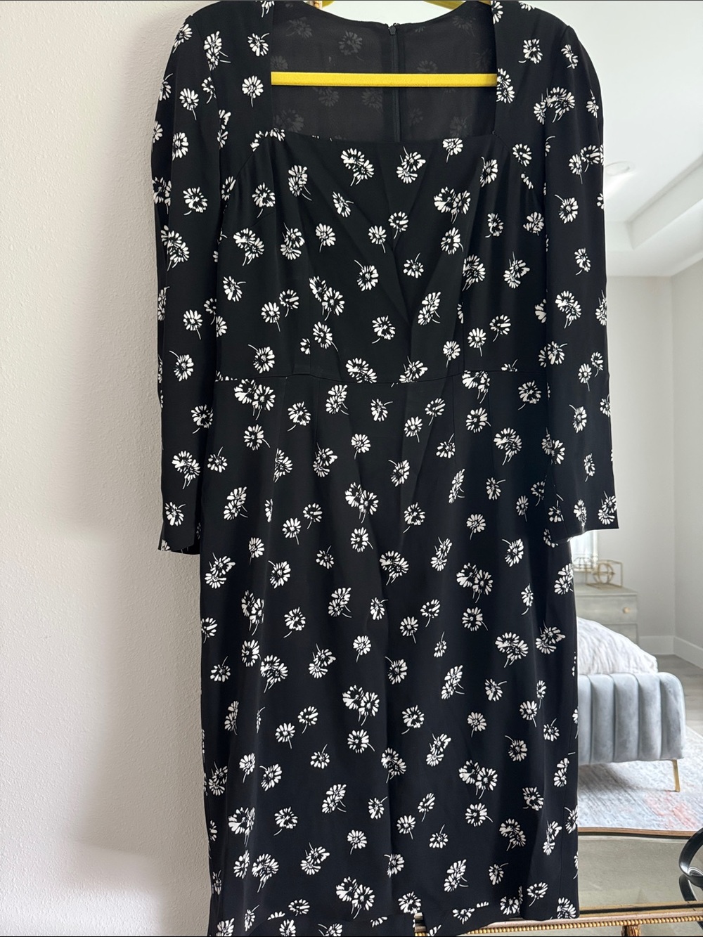 Dolce & Gabbana Black Long-Sleeve Midi Dress with White Floral Print